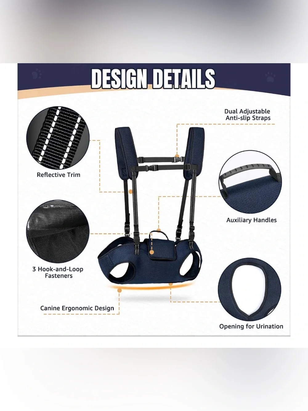 Dog Lift Harness, Navy, XL (35-55 lbs), Full Body Sling Carrier, Adjustable Stra